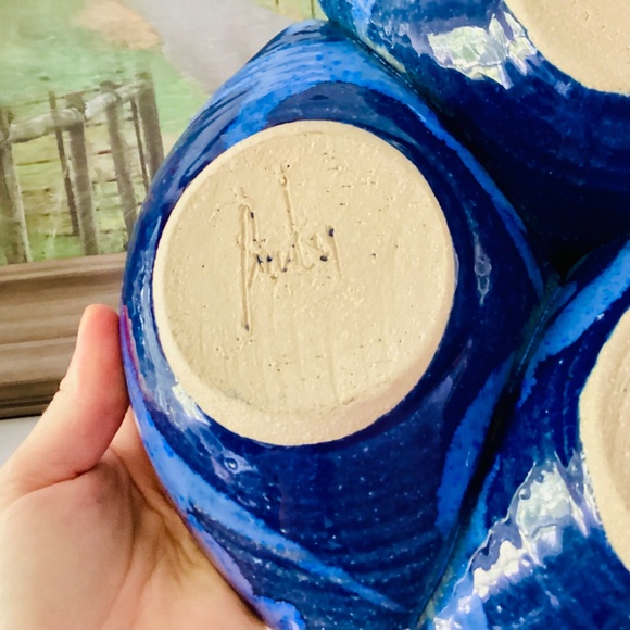 Studio Pottery Blue Glaze Triple Pinched Large Bowl Serving Dish Artist Signed - Picture 10 of 12